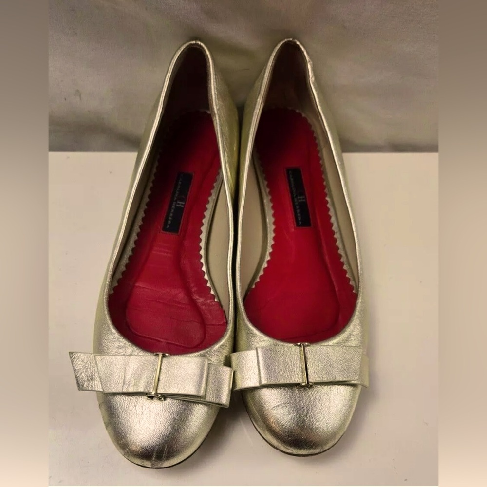 CH CAROLINA HERRERA Ballerina Pumps Gold Metallic 
38 Leather Bow Ballet Flats